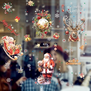 Stickers de Noël pour fenêtres avec Père Noël, renne et flocons de neige argentés