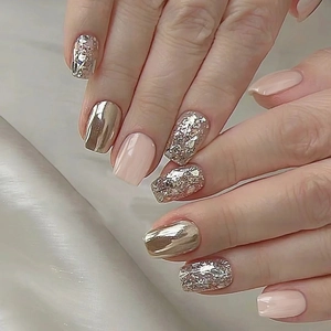 Press On Nails Short Square Champagne Gold Metallic Pink Glitter Nude Pink Glossy Artificial Fake Nails