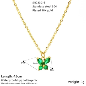 Peacock green butterfly pendant necklace in 18K gold plated stainless steel with zircon
