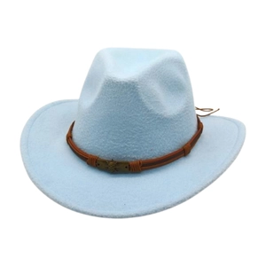 Light blue wide brim wool felt jazz hat with brown leather belt and vintage metal emblem