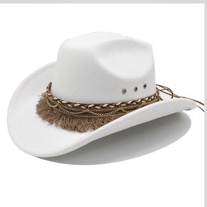White Western cowboy hat with braided leather trim and long tassels on white background