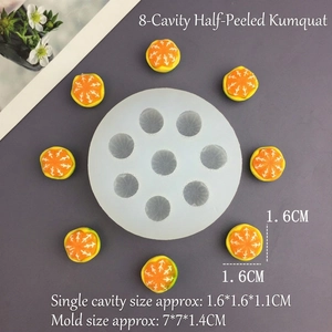 Macro view of 8-cavity silicone mold for making detailed 1.6cm peeled kumquat miniatures