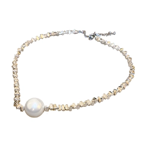 Minimalist silver choker necklace with a white pearl pendant and irregular metal accents