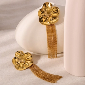 Vintage Flower Tassel Earrings Stainless Steel 18K Gold Plated Large Floral Chain Dangle For Women