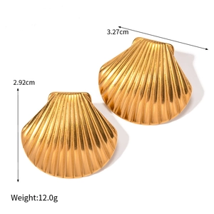 Chic ocean style double shell stud earrings in 18K gold finish with 3.27cm drop
