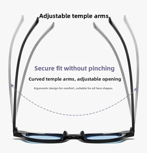 Detail of ergonomic flexible temples on square sunglasses showing adjustable wide range