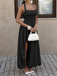 Elegant black halter neck maxi dress with pleated bodice and front slit for summer