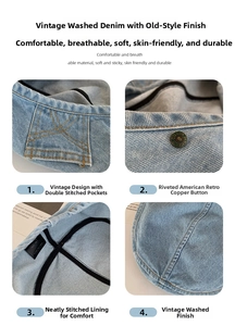 Detail der hellblauen Jeans-Baskenmütze mit Taschendesign und Vintage-Metallnieten