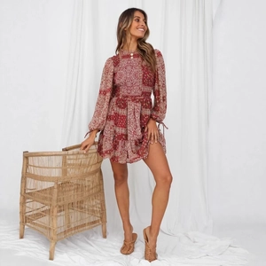 Bohemian dark red paisley short dress with long sleeves and smocked waist design