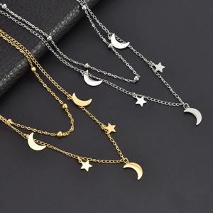Double-layered star and moon pendant necklace in gold and silver stainless steel set