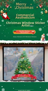 Detailed view of UV printed Christmas tree window sticker with Merry Christmas ribbon