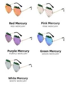 Strawberry shape sunglasses in red, pink, purple, green and white mercury finishes