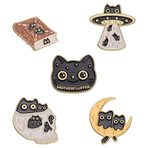 Halloween cartoon cat enamel pin set featuring UFO and mystical black cat alloy badges