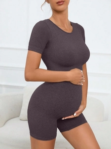 Deep purple-grey seamless maternity romper with ribbed knit fabric for yoga sports