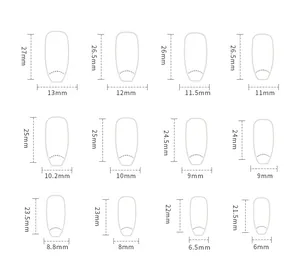 Size chart showing 12 different dimensions for medium-long French press-on nail tips