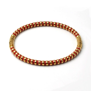 Minimalist 5mm stainless steel bangle with red enamel and gold vertical stripes