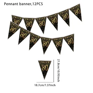Detailed view of 80th birthday black and gold pennant banner with precise dimensions