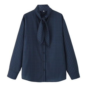 Women's loose long-sleeve dark blue plaid shirt with pussy-bow tie neck and button front