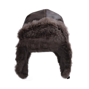 Winter faux leather trapper hat with warm grey faux fur lining for windproof protection