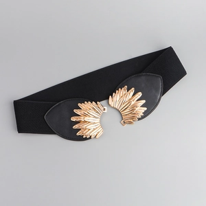 Elegant black elastic waist belt with gold feather metal buckle on light background