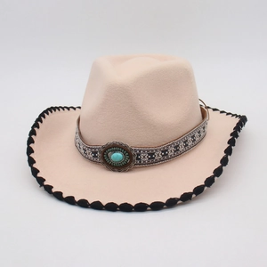 Ethnic style felt fedora hat in beige with turquoise stone and woven trim detail