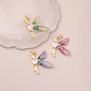 Golden hummingbird pendant necklace set with crystal heart and colorful gradient wings