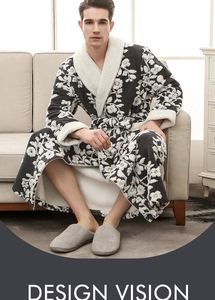 Detail of plush fleece collar and sleeve cuffs on thick floral patterned men's bathrobe