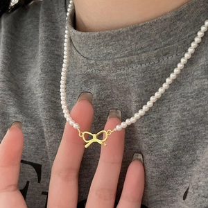 Minimalist Bowknot Pendant Artificial Pearl Necklace With 925 Sterling Silver Components Elegant French Style For Women