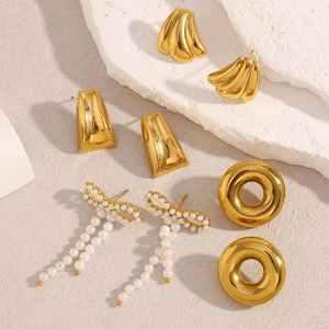Vintage 18K gold plated stainless steel earrings set with pearls and geometric shapes