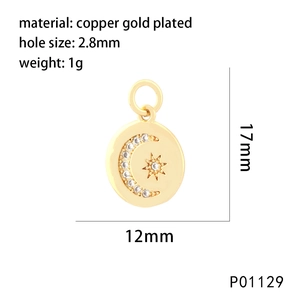 Detailed view of micro-pave moon and star coin pendant with size and material specs