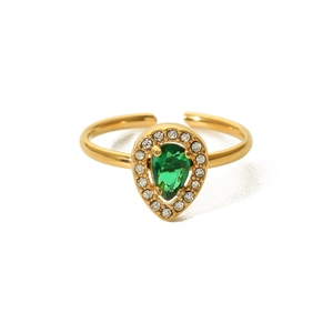 18K gold plated stainless steel ring with green teardrop zircon and white stones