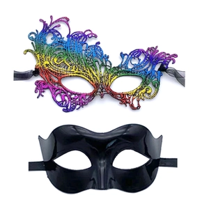 Detail of a rainbow lace phoenix mask and a black minimalist masquerade party mask set