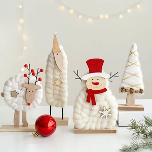 Nordic wool felt Christmas tabletop ornaments with reindeer and Santa on wooden base