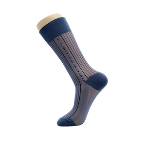 Sheer navy blue nylon business socks for men with vertical stripes on a beige leg model