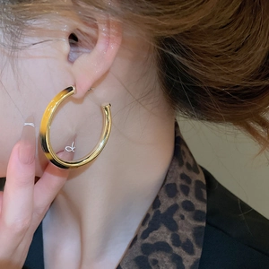 Macro view of C-shape acetate hoop earrings with tortoise pattern and gold metal accents