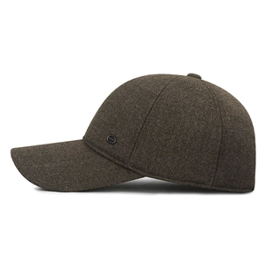 Men's winter baseball cap in dark brown wool fabric with ear protection and metal logo