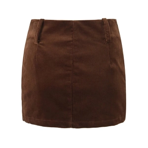 Back view of a caramel corduroy mini skirt with classic texture and belt loops