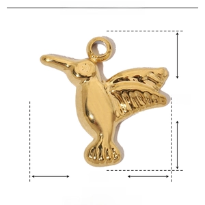 Technical drawing of a 11mm by 12mm golden stainless steel hummingbird charm pendant