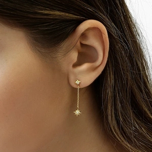 Elegant gold star tassel drop earrings with s925 silver needle on female model