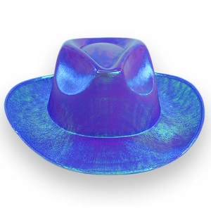 Detail of laser iridescent cowboy hat with rainbow gradient and holographic texture finish