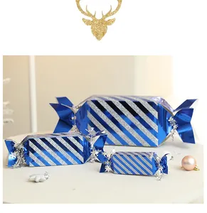 Three-piece nested candy-shaped blue gift boxes with silver glitter stripes for holidays