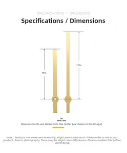 Detailed size chart for golden quartz clock hands showing minute and hour hand lengths