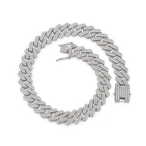 Close-up of 20mm silver Cuban link necklace with double-row rhinestones and box clasp