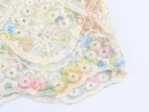 Vue macro de broderie florale colorée sur tulle avec bordures festonnées délicates