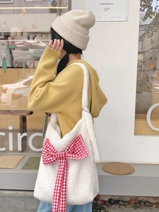 Lambswool Plush Shoulder Bag With Plaid Bow Canvas Lining Magnetic Buckle Casual Tote For Women