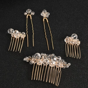 5-piece bridal crystal hair comb and pin set with champagne gold wire and beads
