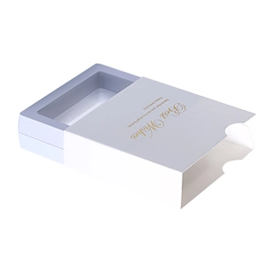 White minimalist drawer jewelry box with transparent window and gold Best Wishes text