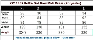 Detailed size chart for the polka dot bow midi dress with fabric and weight info