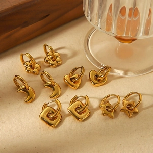Fashion Stainless Steel Heart Star Flower Moon Geometric Pendant Earrings Gold Plated Elegant Small Hoop Earrings For Women Jewelry Gift