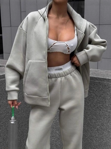 Women Top And Bottom Solid Color Zip Up Hooded Sweatshirt High Waist Sweatpants Loose Polyester Athletic Tracksuit Set